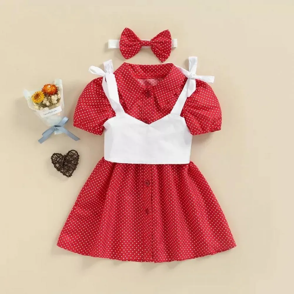 Girls Summer Polka-dot Dress   Headband   Halter Vest Set Wholesale Girl Boutique Clothing