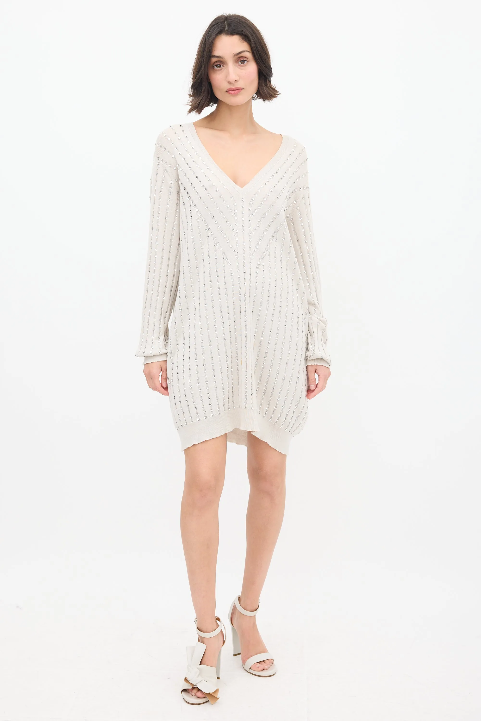Grey Cotton Embellished Sweater Dress