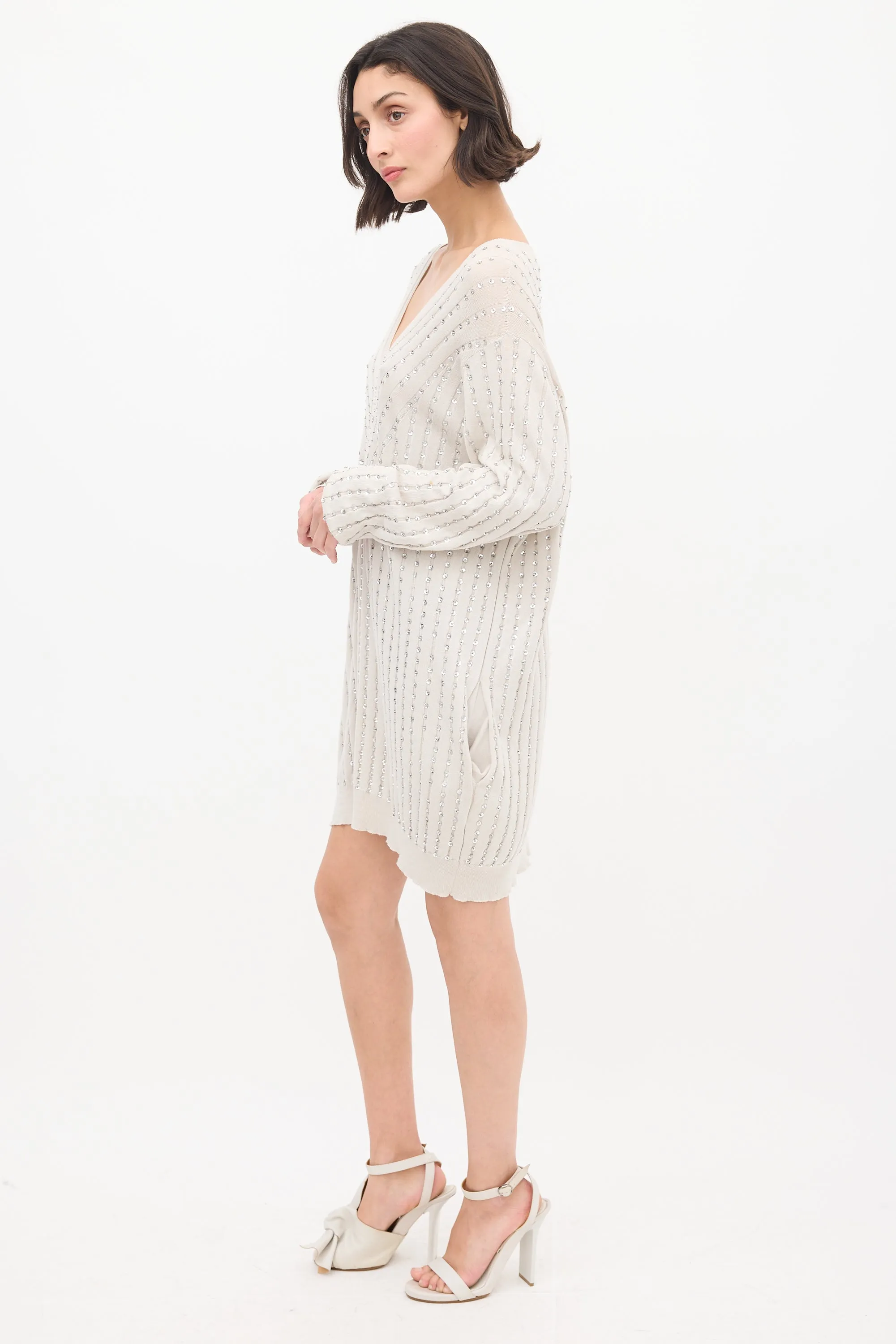 Grey Cotton Embellished Sweater Dress