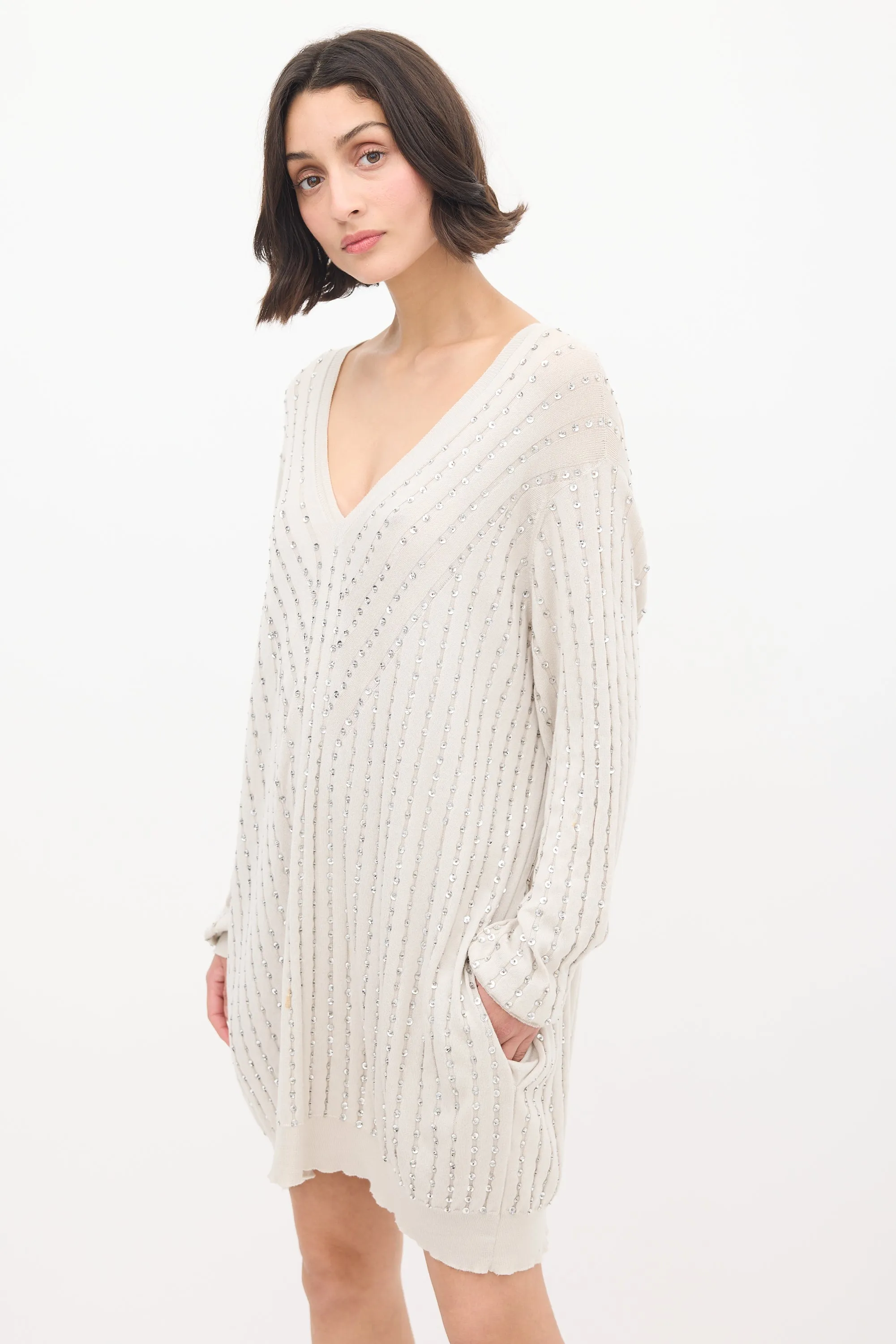 Grey Cotton Embellished Sweater Dress