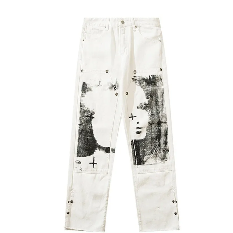 Herringbone Graffiti Print White Straight Jeans