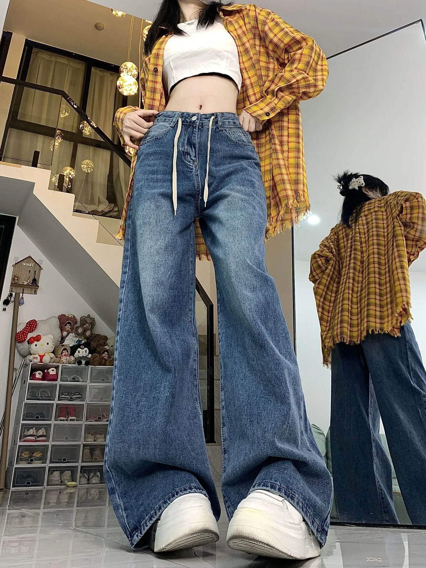 High Waist Loose American Retro Drawstring Design Jeans