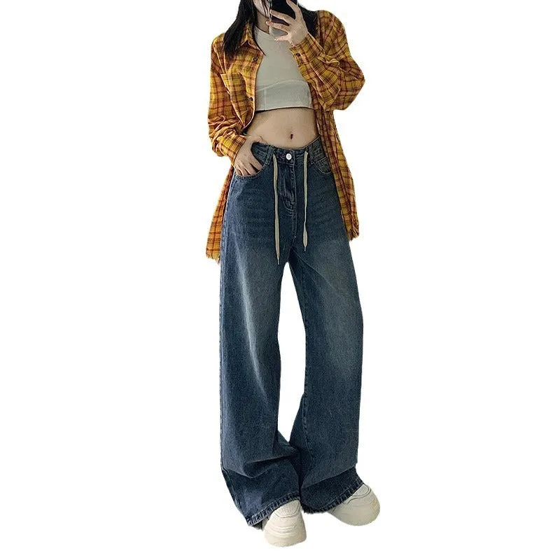 High Waist Loose American Retro Drawstring Design Jeans