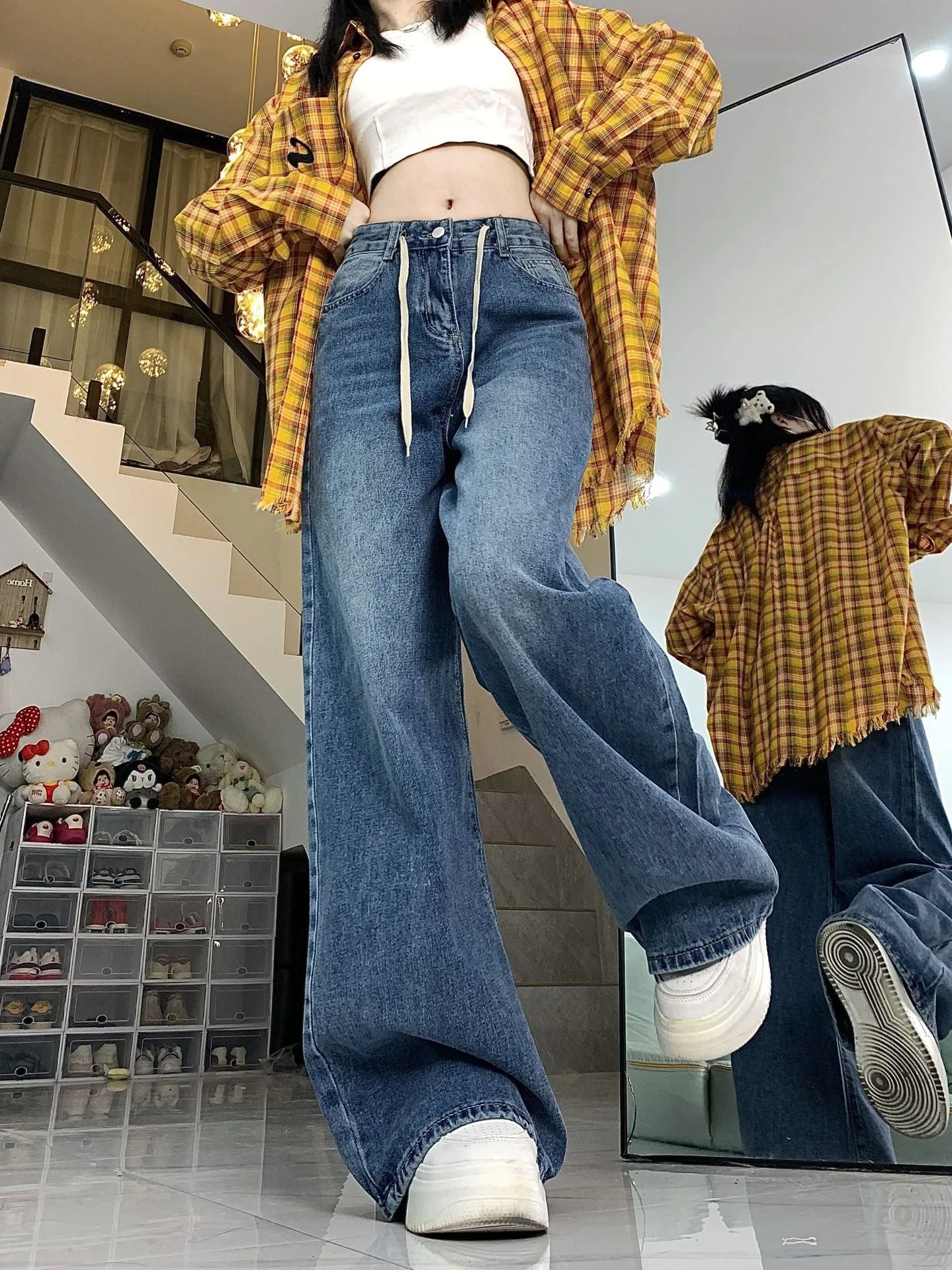 High Waist Loose American Retro Drawstring Design Jeans