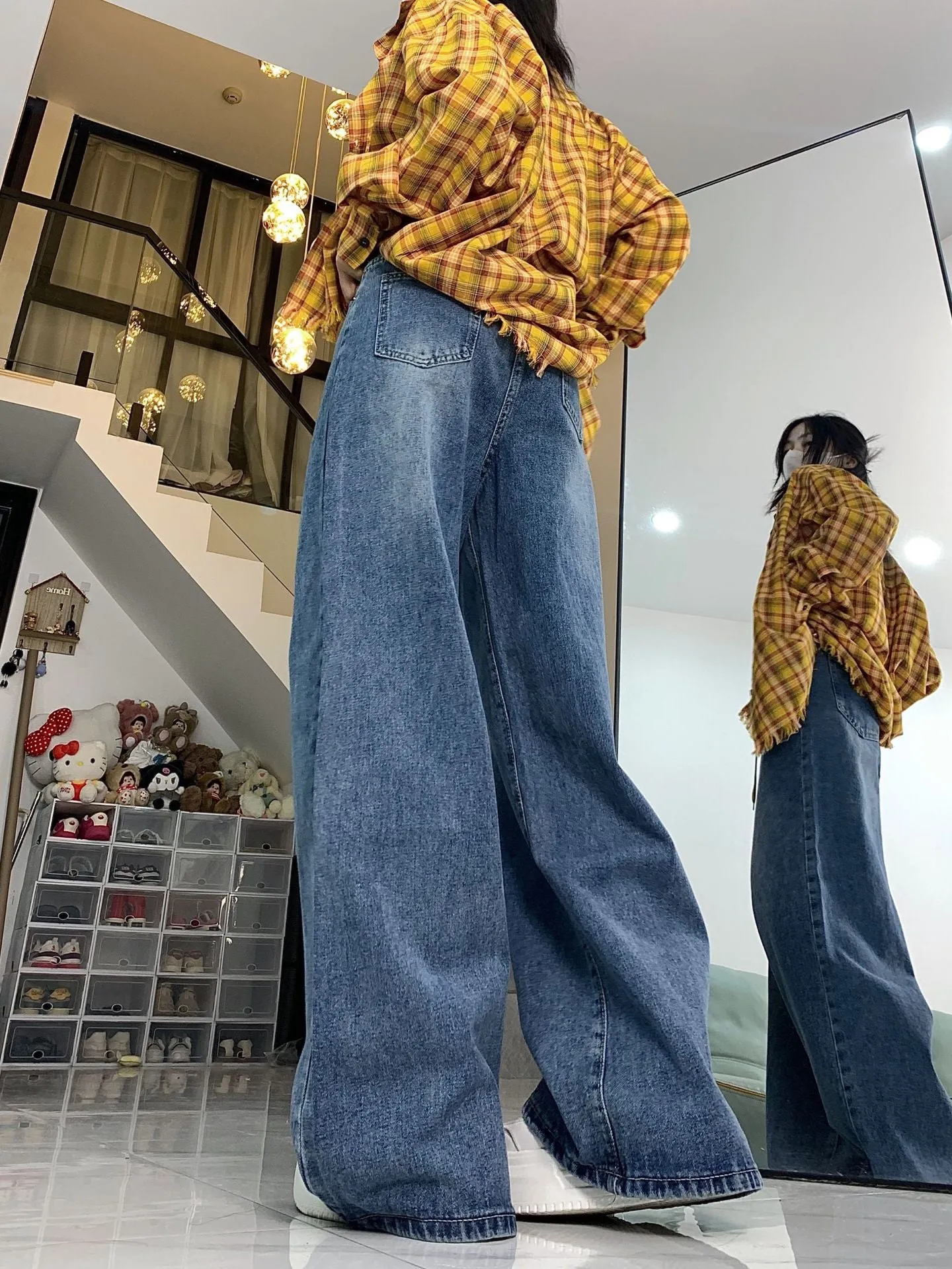 High Waist Loose American Retro Drawstring Design Jeans