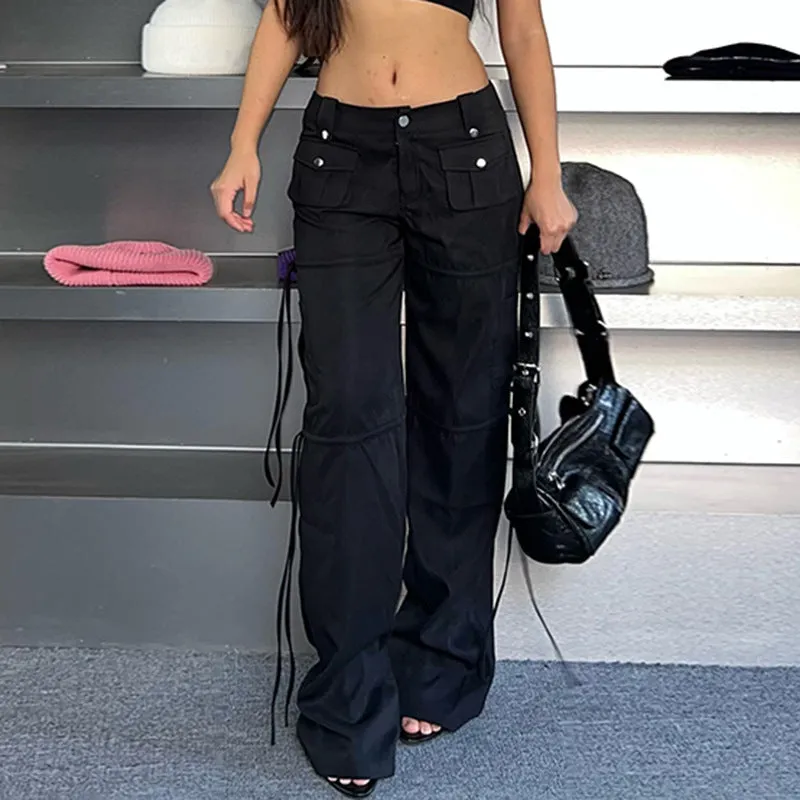 High-Waisted Cargo Pants with Drawstring Details