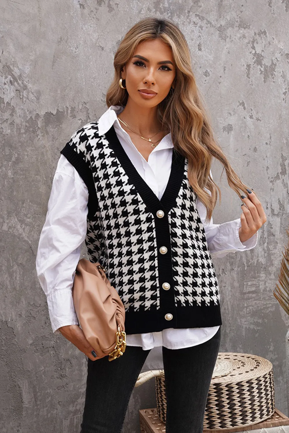 Houndstooth Vest Cardigan