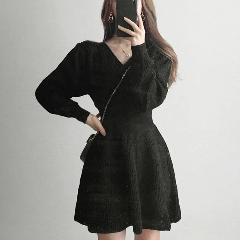 Joskaa hoco dresses Christmas Gift New Mini Sweater Dress Sexy Knitted V Neck Pullover A Line Winter Slim Bodycon Dress One Piece Women Vintage Elegant Black Dress