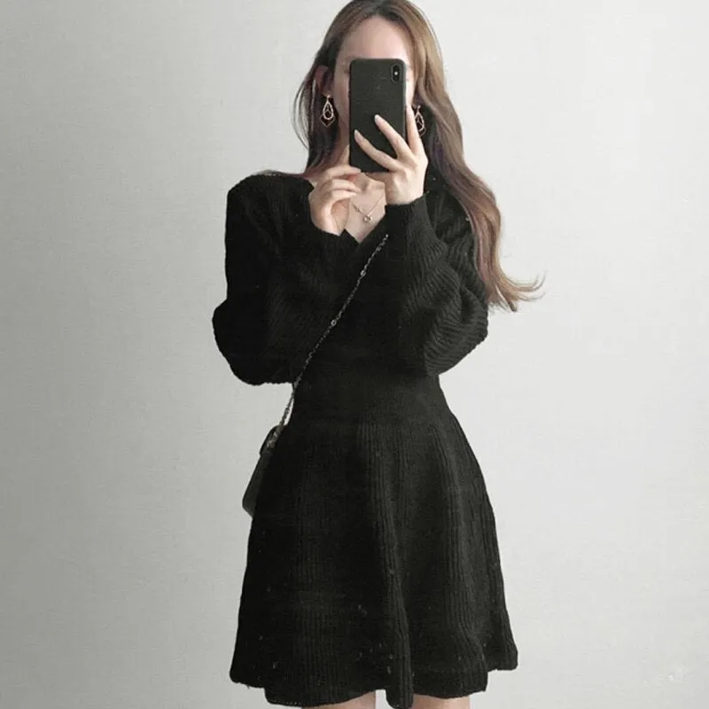 Joskaa hoco dresses Christmas Gift New Mini Sweater Dress Sexy Knitted V Neck Pullover A Line Winter Slim Bodycon Dress One Piece Women Vintage Elegant Black Dress