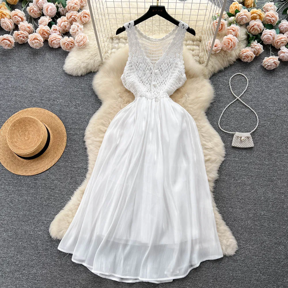 Knitted Vest Dress Summer V Neck Hollow Mesh Skirt 1179