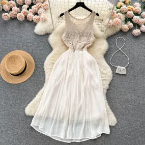 Knitted Vest Dress Summer V Neck Hollow Mesh Skirt 1179