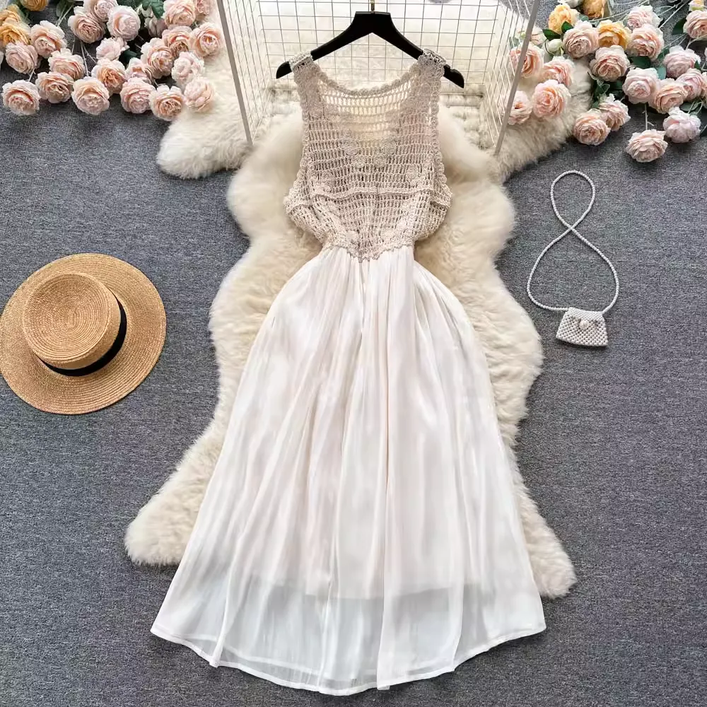 Knitted Vest Dress Summer V Neck Hollow Mesh Skirt 1179