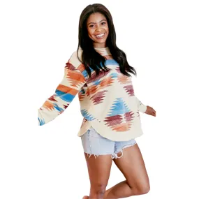 Ladies Reversed Aztec Print Beige Poncho Shirt RDG65WR9SLD-BGE