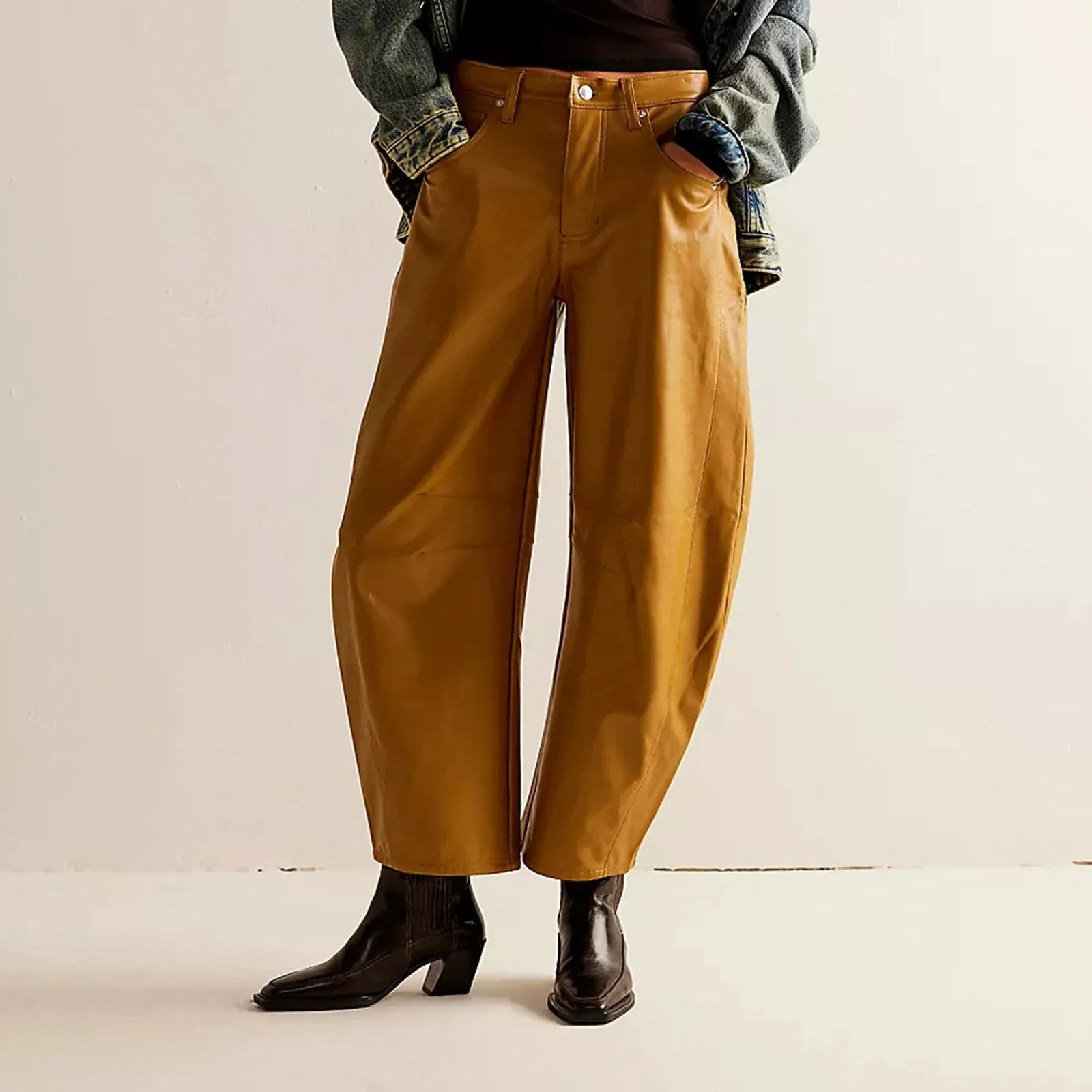Leather Solid Casual Wide High Street Clothes Streetwear Loose Pants