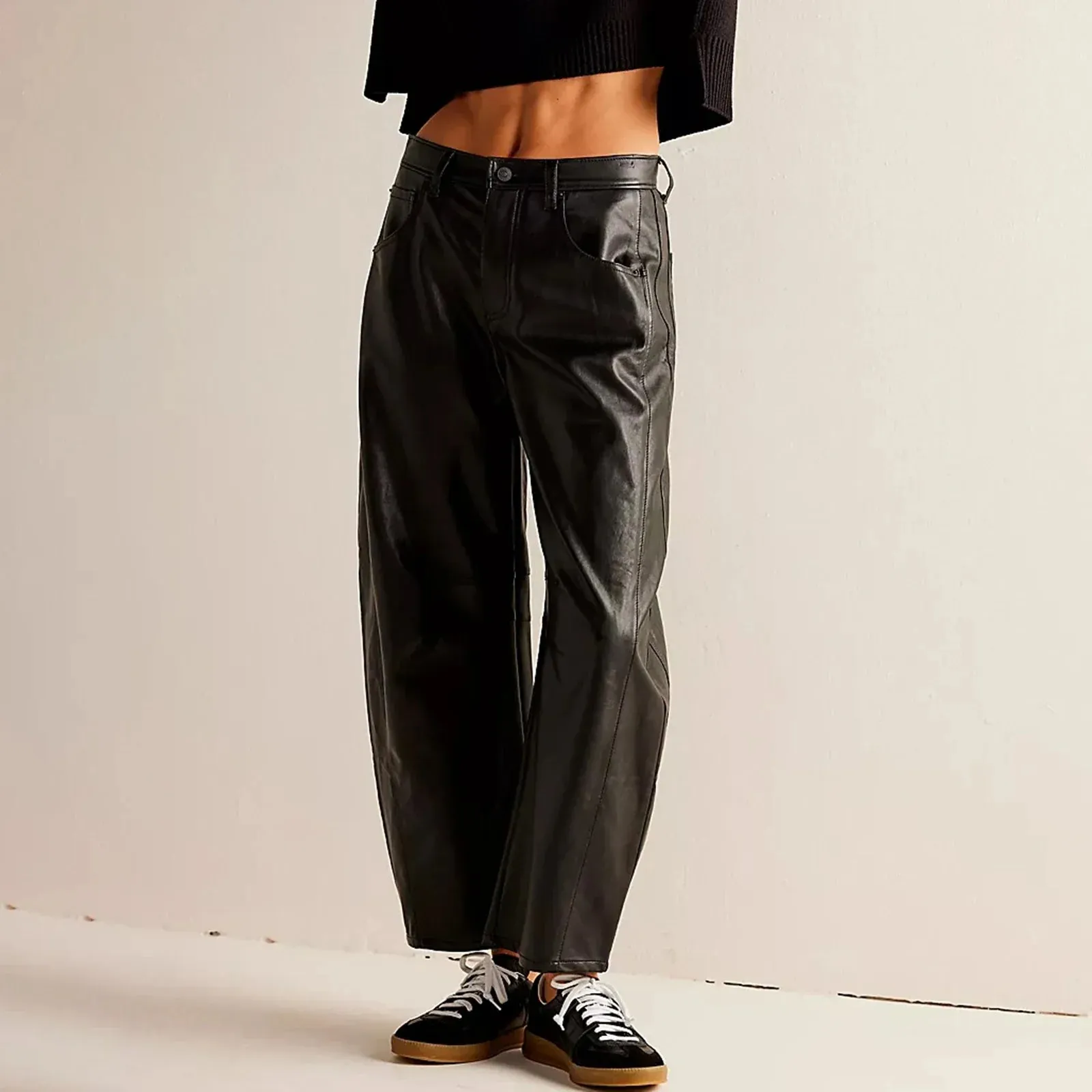 Leather Solid Casual Wide High Street Clothes Streetwear Loose Pants