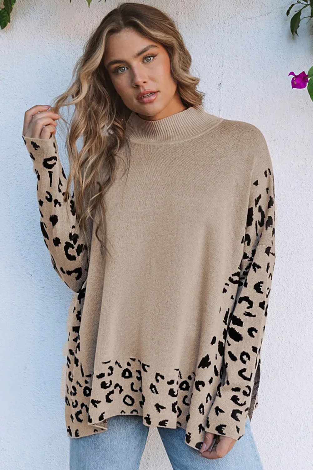 Leopard Poncho Style Sweater - Beige