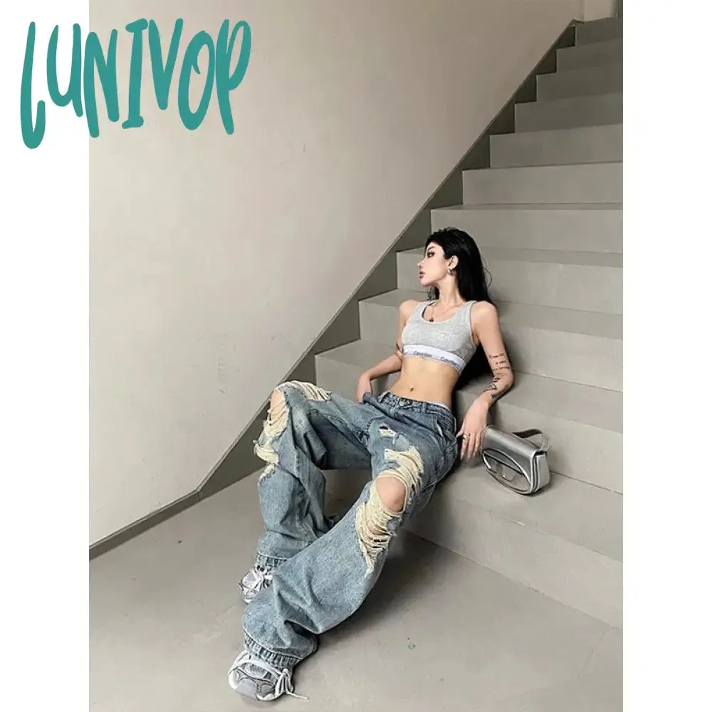 Lunivop 90s streetwear Niche Loose Slimming Ripped Wide-Leg Pants 2024 Summer New American Chic High Street Fashion High Waist Mopping Pants