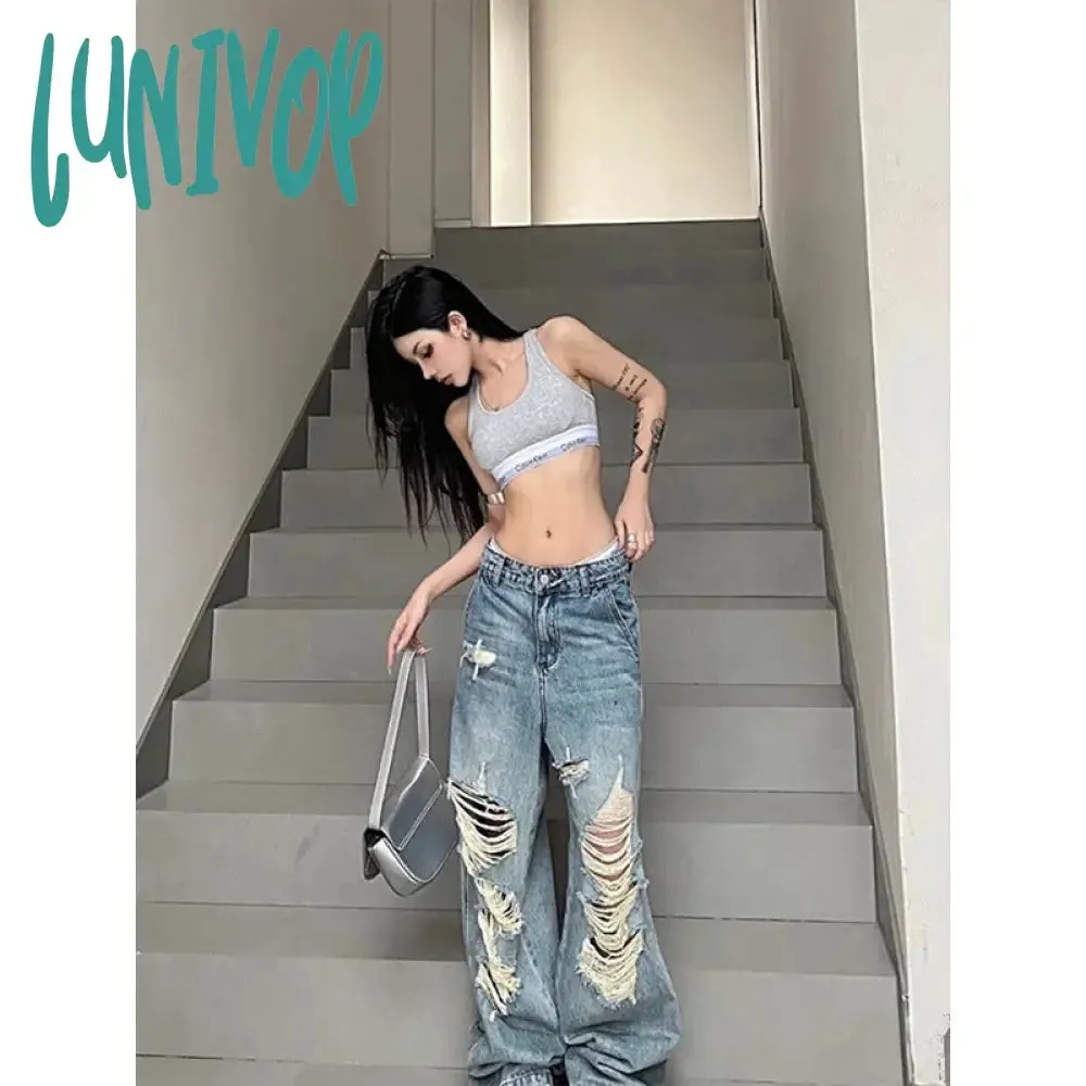 Lunivop 90s streetwear Niche Loose Slimming Ripped Wide-Leg Pants 2024 Summer New American Chic High Street Fashion High Waist Mopping Pants