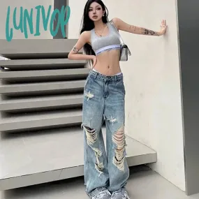 Lunivop 90s streetwear Niche Loose Slimming Ripped Wide-Leg Pants 2024 Summer New American Chic High Street Fashion High Waist Mopping Pants