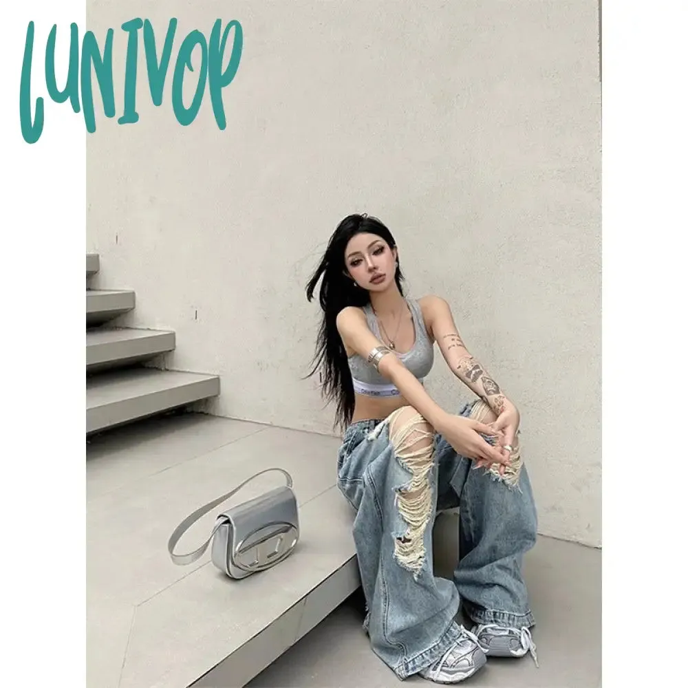 Lunivop 90s streetwear Niche Loose Slimming Ripped Wide-Leg Pants 2024 Summer New American Chic High Street Fashion High Waist Mopping Pants