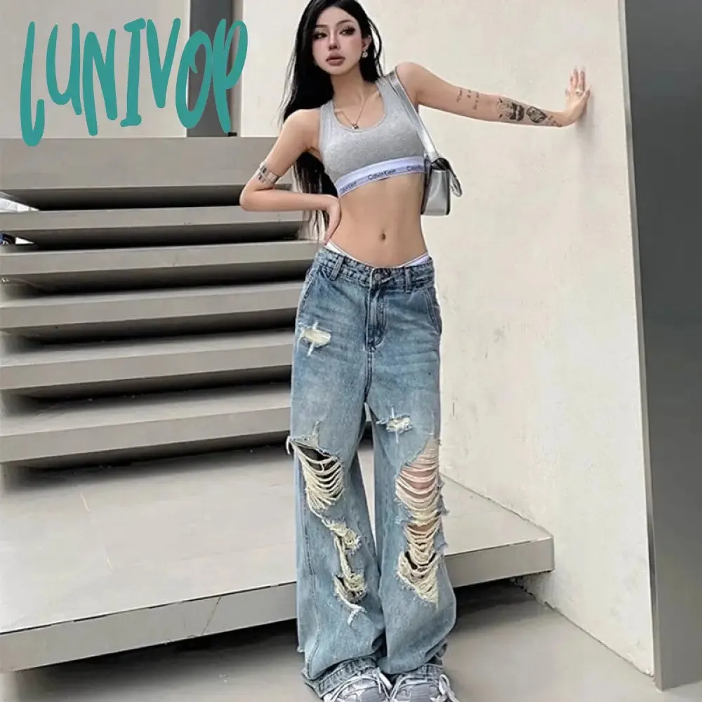 Lunivop 90s streetwear Niche Loose Slimming Ripped Wide-Leg Pants 2024 Summer New American Chic High Street Fashion High Waist Mopping Pants