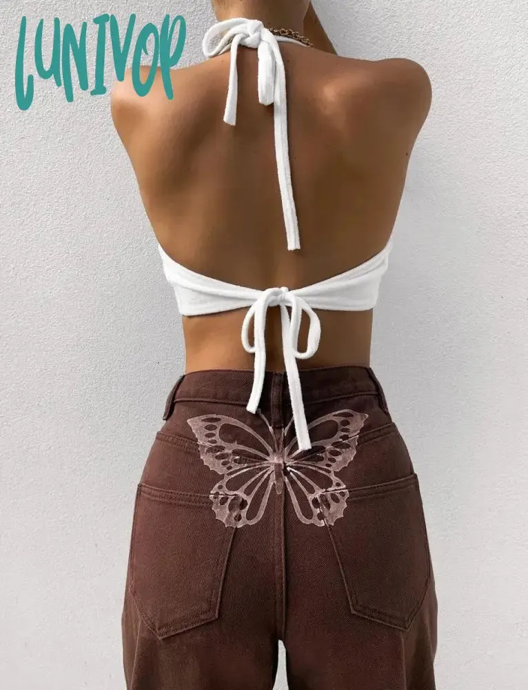 Lunivop 90s streetwear Women's High Waist Printed Jeans
