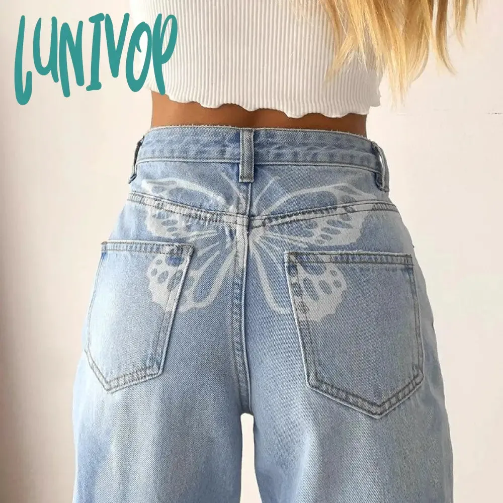 Lunivop 90s streetwear Women's High Waist Printed Jeans
