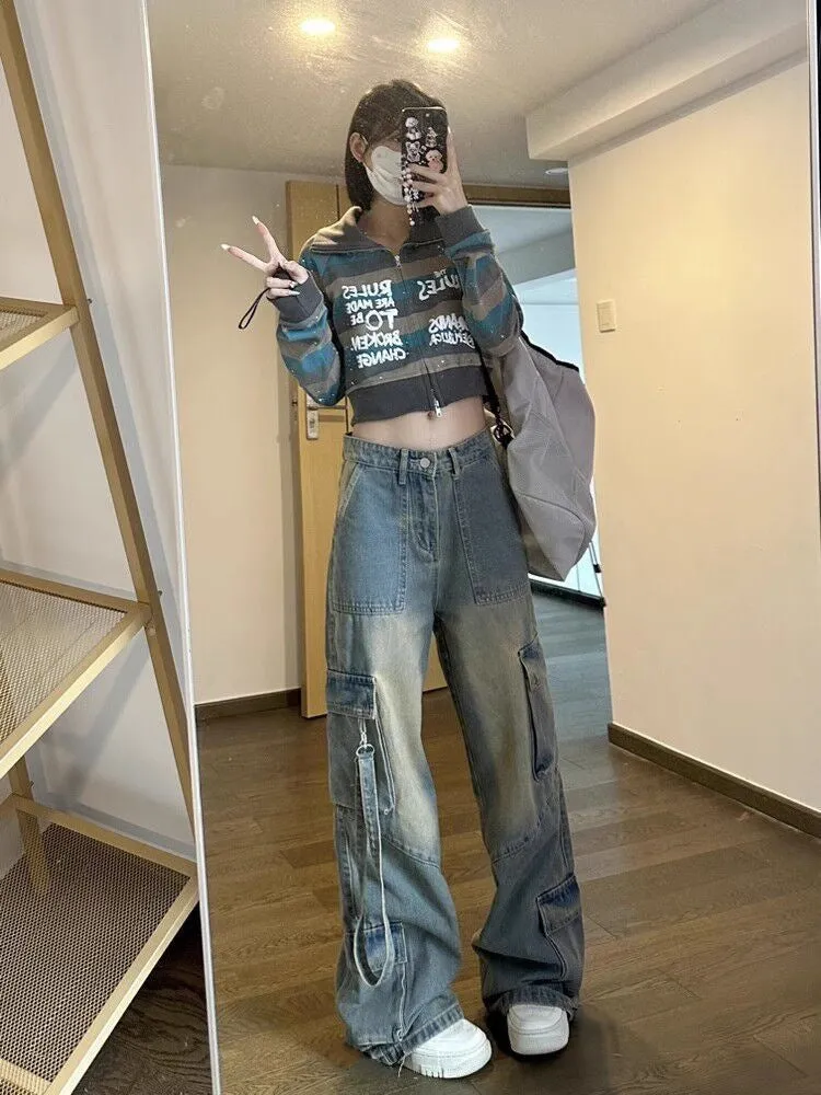 Lunivop American Retro Workwear Jeans Women's Autumn Hot Girl High Street Loose Slimming High Waist Straight Wide Leg Pants