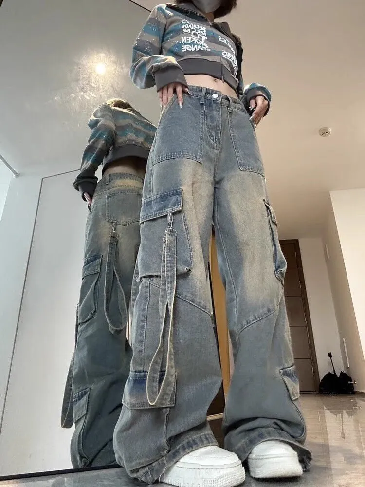Lunivop American Retro Workwear Jeans Women's Autumn Hot Girl High Street Loose Slimming High Waist Straight Wide Leg Pants