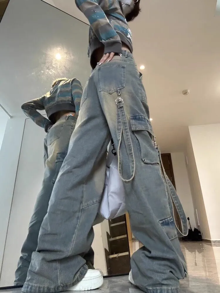 Lunivop American Retro Workwear Jeans Women's Autumn Hot Girl High Street Loose Slimming High Waist Straight Wide Leg Pants