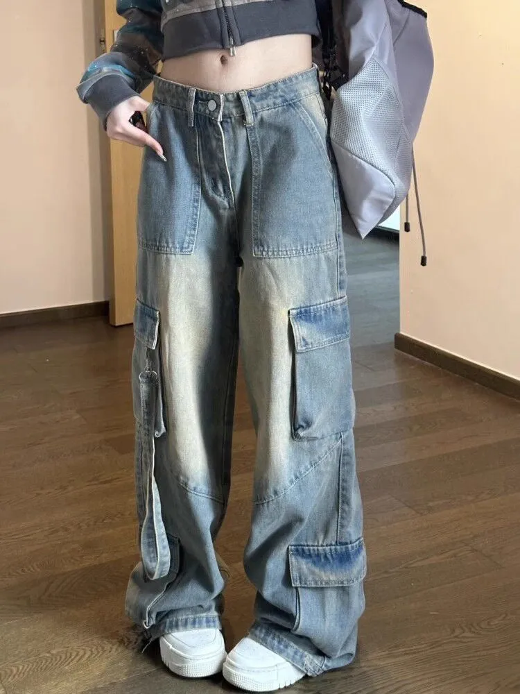 Lunivop American Retro Workwear Jeans Women's Autumn Hot Girl High Street Loose Slimming High Waist Straight Wide Leg Pants