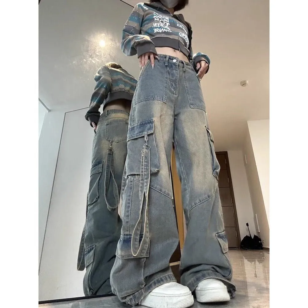 Lunivop American Retro Workwear Jeans Women's Autumn Hot Girl High Street Loose Slimming High Waist Straight Wide Leg Pants