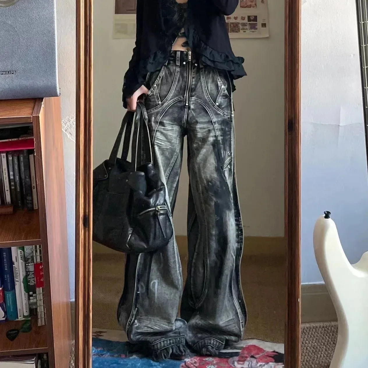 LVSANW 2024 New American Vintage hip-hop washing fashion striped graffiti jeans women's Y2K Harajuku punk Gothic wide pants Streetwear