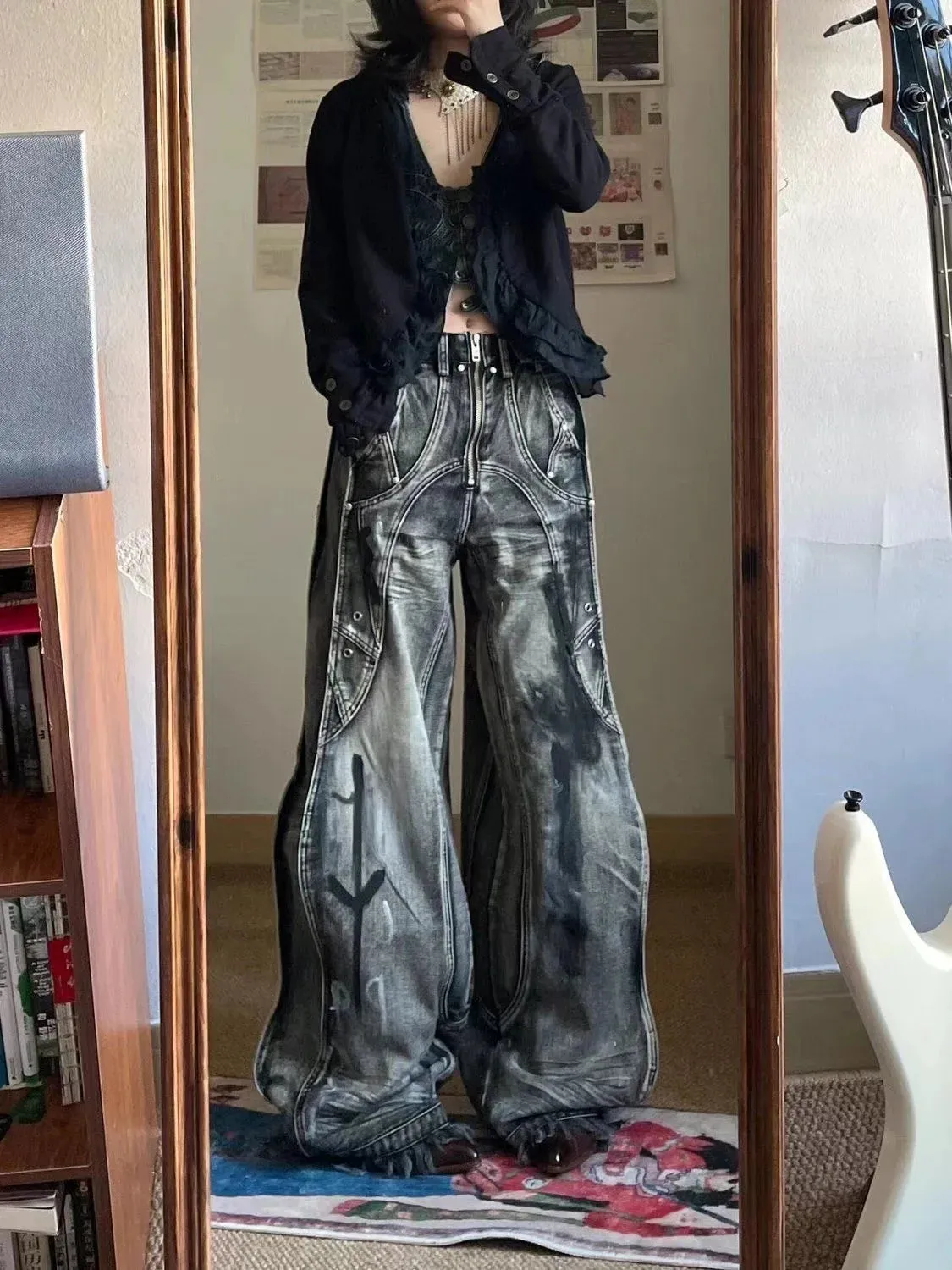LVSANW 2024 New American Vintage hip-hop washing fashion striped graffiti jeans women's Y2K Harajuku punk Gothic wide pants Streetwear