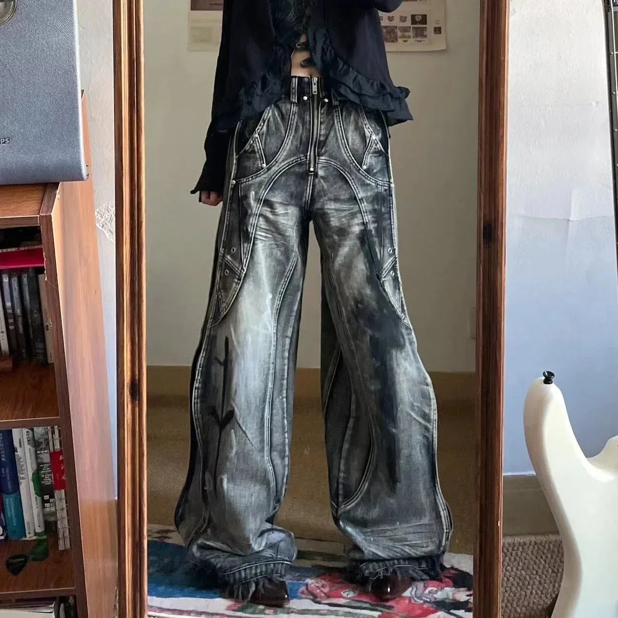 LVSANW 2024 New American Vintage hip-hop washing fashion striped graffiti jeans women's Y2K Harajuku punk Gothic wide pants Streetwear