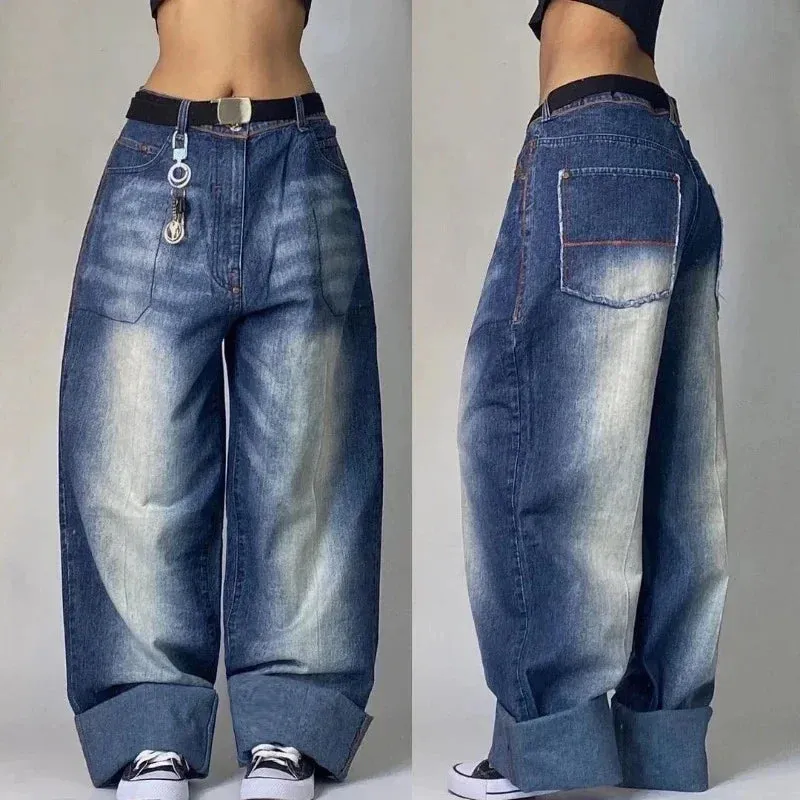 LVSANW 2024 New American Vintage hip-hop washing fashion striped graffiti jeans women's Y2K Harajuku punk Gothic wide pants Streetwear
