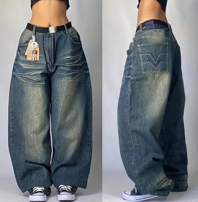 LVSANW 2024 New American Vintage hip-hop washing fashion striped graffiti jeans women's Y2K Harajuku punk Gothic wide pants Streetwear