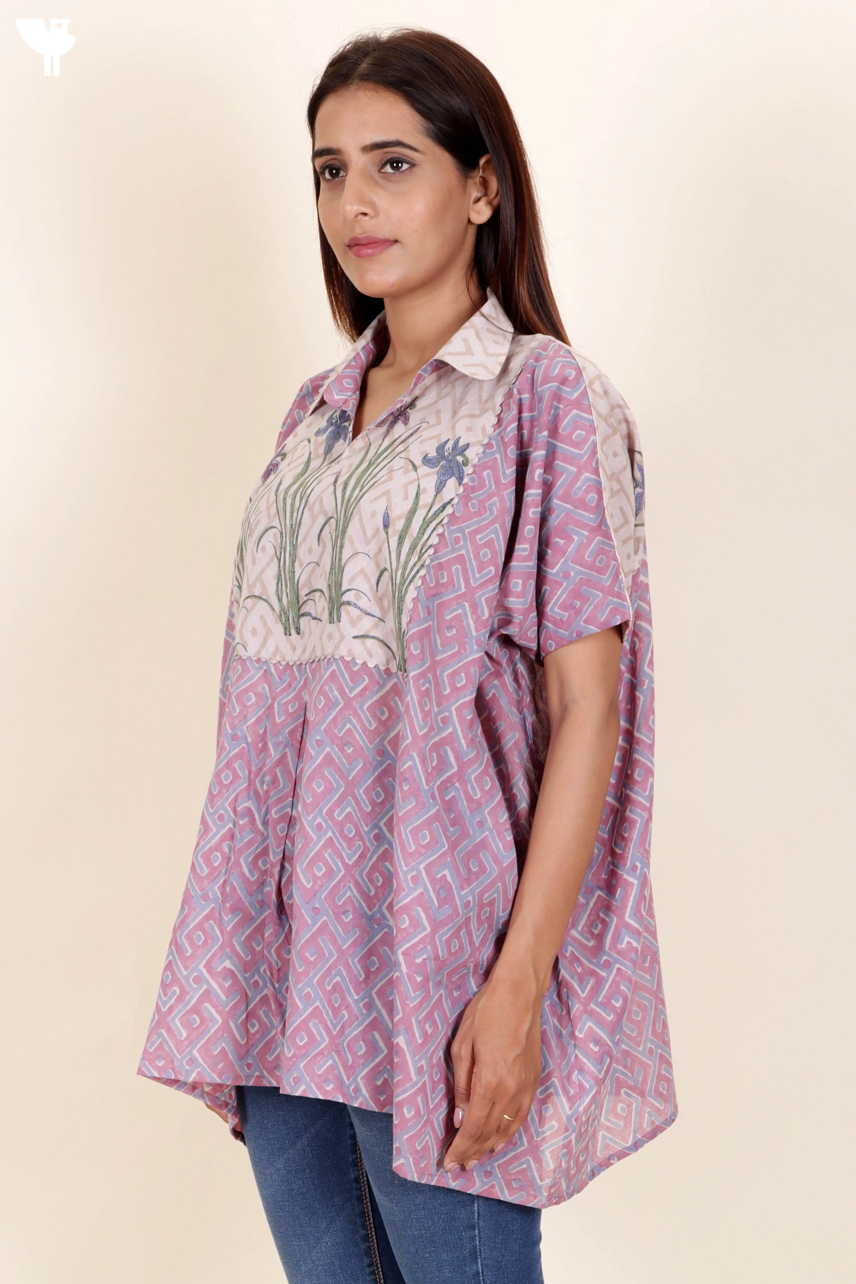 Mulmul Cotton Poncho Top In Block Print