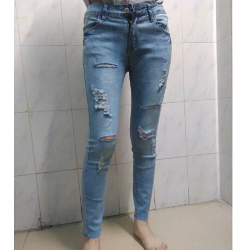 New Fashion 2015 Blue Wash Skinny Hole Jeans Women Plus Size Thin Elastic Slim Ripped Jeans For Women Pencil Pant 26-31