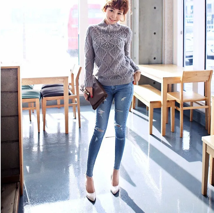 New Fashion 2015 Blue Wash Skinny Hole Jeans Women Plus Size Thin Elastic Slim Ripped Jeans For Women Pencil Pant 26-31