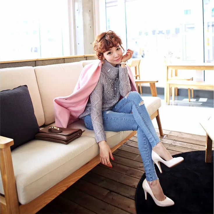 New Fashion 2015 Blue Wash Skinny Hole Jeans Women Plus Size Thin Elastic Slim Ripped Jeans For Women Pencil Pant 26-31