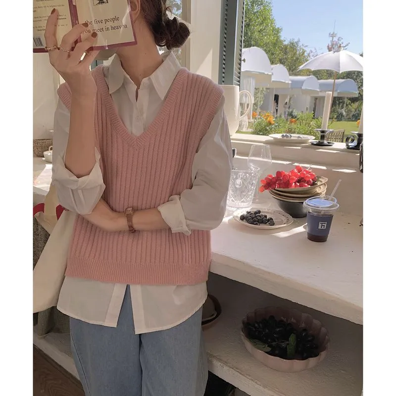 Nukty-shop masc outfits New Korean Style Solid Color Soft Glutinous Loose V-neck Inner Wear Knitted Vest Waistcoat Outer Wear Top for Women