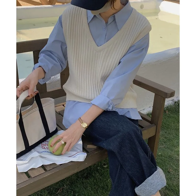 Nukty-shop masc outfits New Korean Style Solid Color Soft Glutinous Loose V-neck Inner Wear Knitted Vest Waistcoat Outer Wear Top for Women