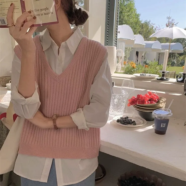 Nukty-shop masc outfits New Korean Style Solid Color Soft Glutinous Loose V-neck Inner Wear Knitted Vest Waistcoat Outer Wear Top for Women