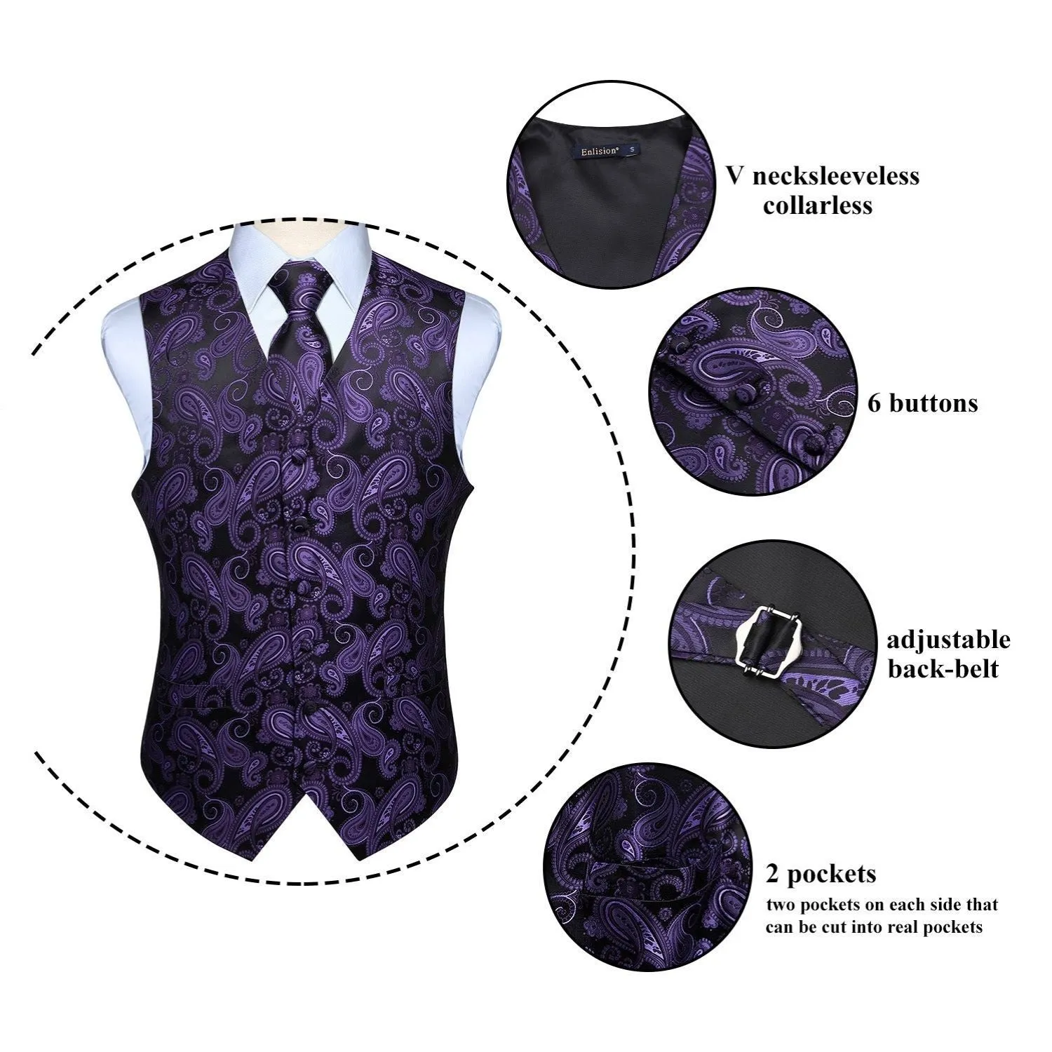 Paisley Suit Vest Tie Handkerchief Set - PURPLE & BLACK