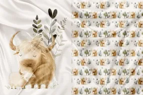 Panneau pour Vêtement et Couverture Maman et bébé vache Highland fond beige