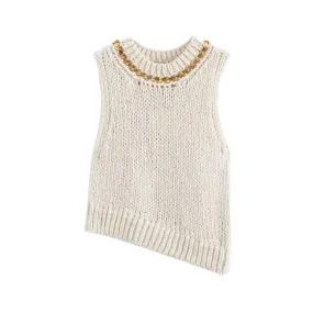 Pre Order: Asymmetrical Sleeveless Round Neck Chain Knitted Vest