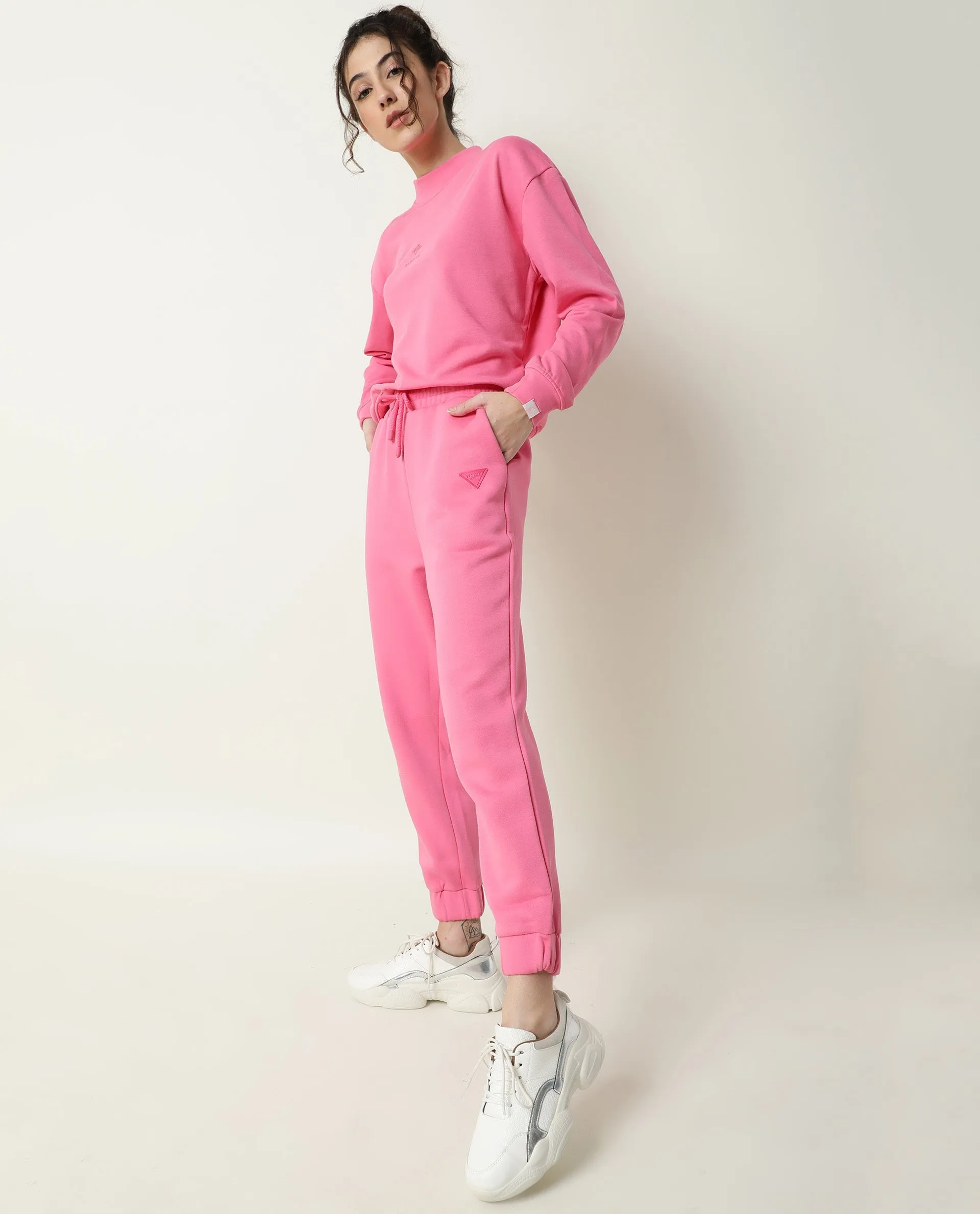 Rareism Women Neo-1 Pink Poly Cotton Fabric Tailored Fit Solid Mid Rise Ankle Length Track Pant