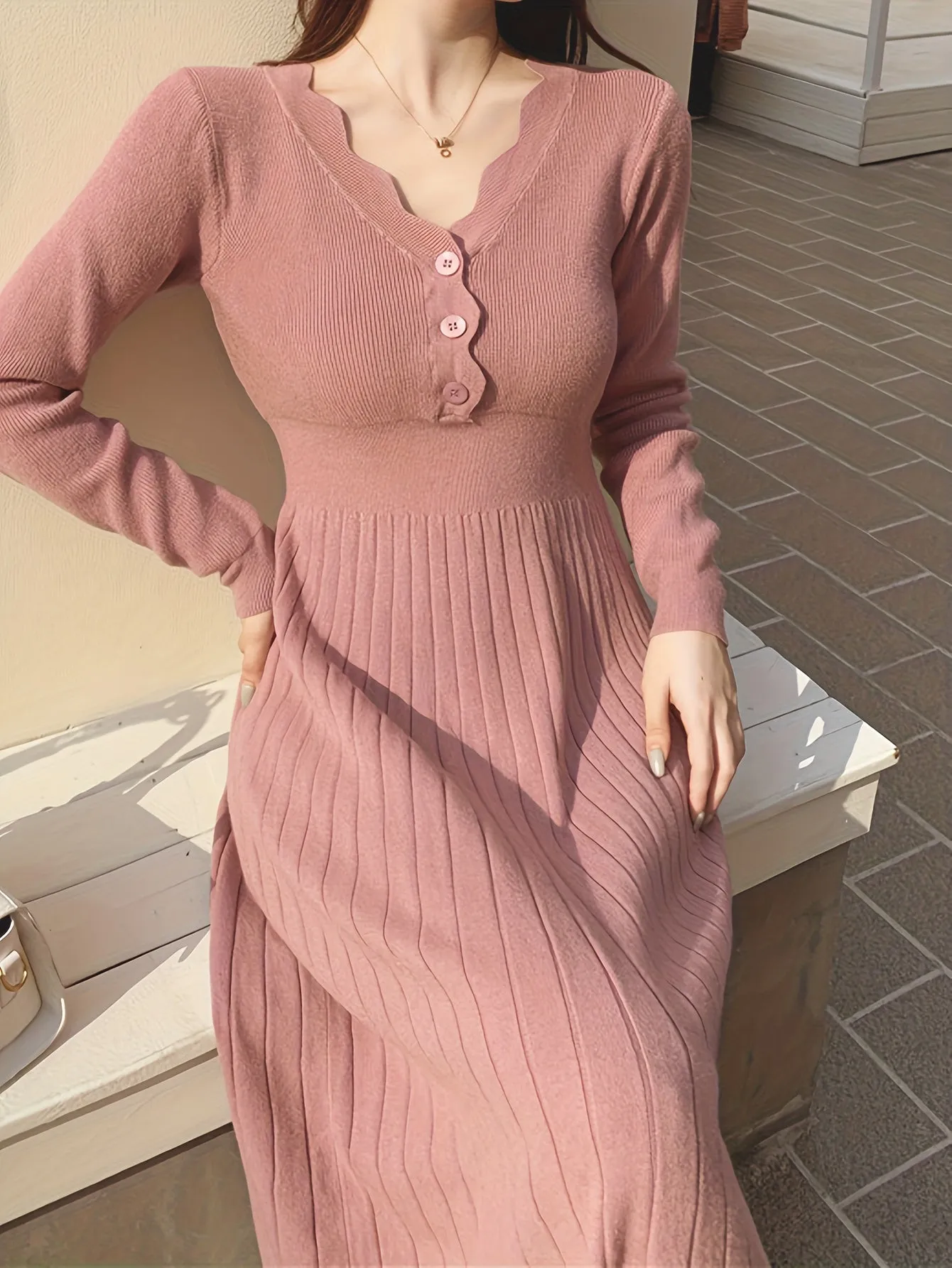 realaiot  Button Front V-neck Sweater Dress, Solid Long Sleeve Dress, Women's Clothing