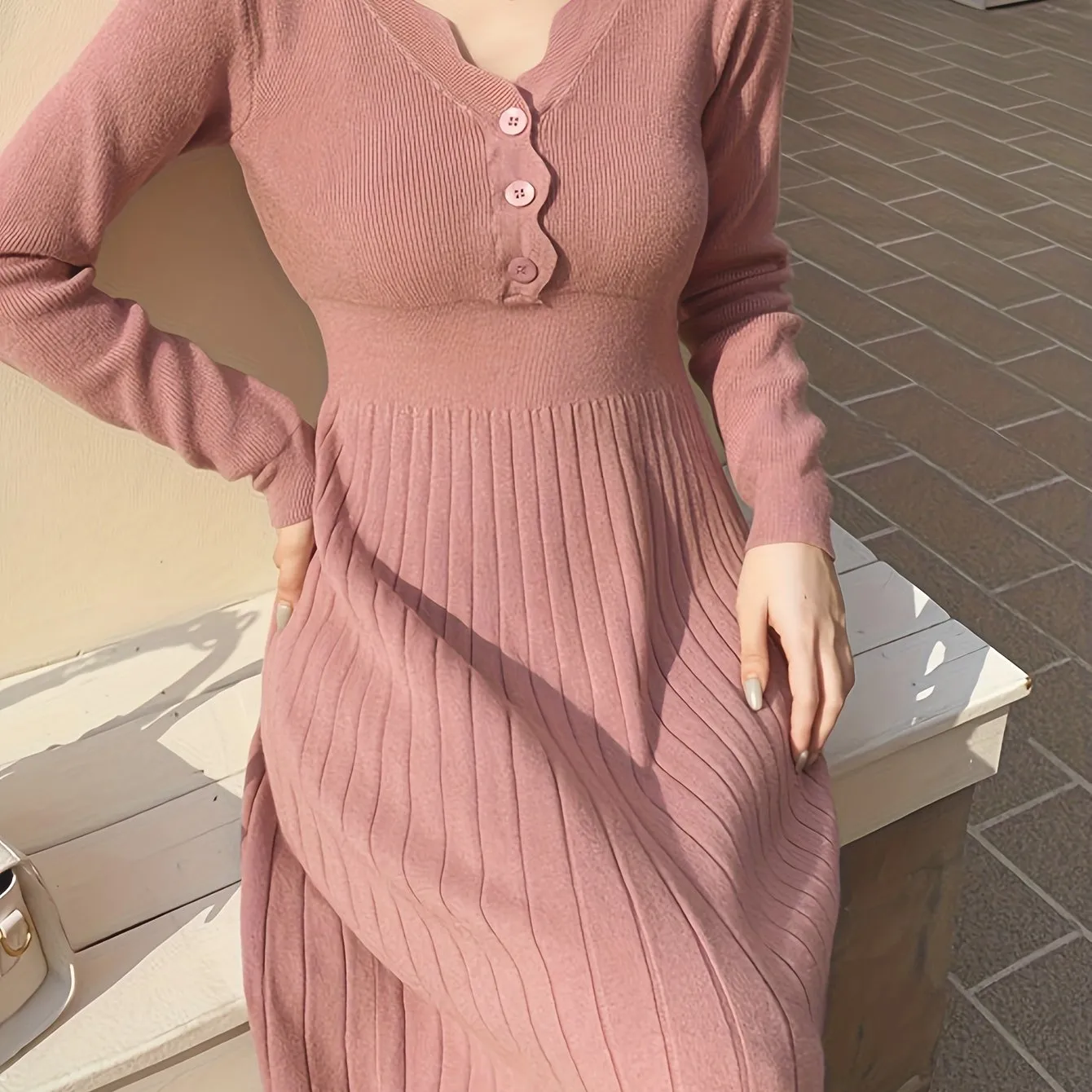 realaiot  Button Front V-neck Sweater Dress, Solid Long Sleeve Dress, Women's Clothing